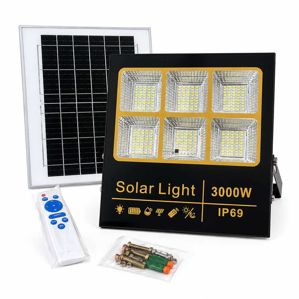 Foco Solar LED Exterior 3000W IP69 con Panel Solar y Control Remoto — Luz Blanca 6500K