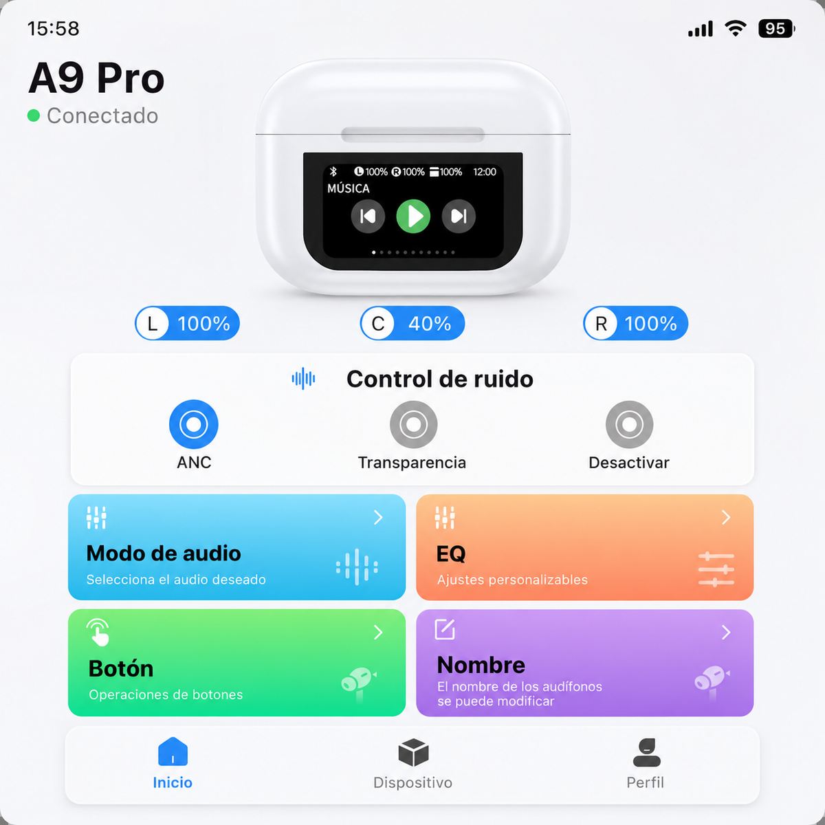 Audífonos Bluetooth A9 Pro con Pantalla Táctil y Cancelación de Ruido