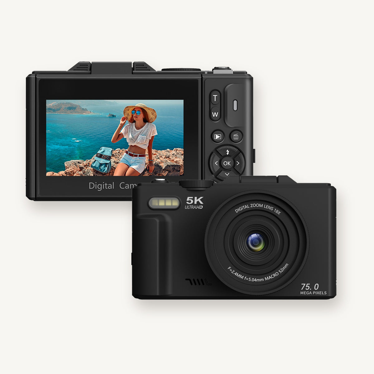 Cámara Digital 5K con Pantalla Abatible · Zoom 18x y WiFi · Incluye 2 Baterías y MicroSD 32 GB