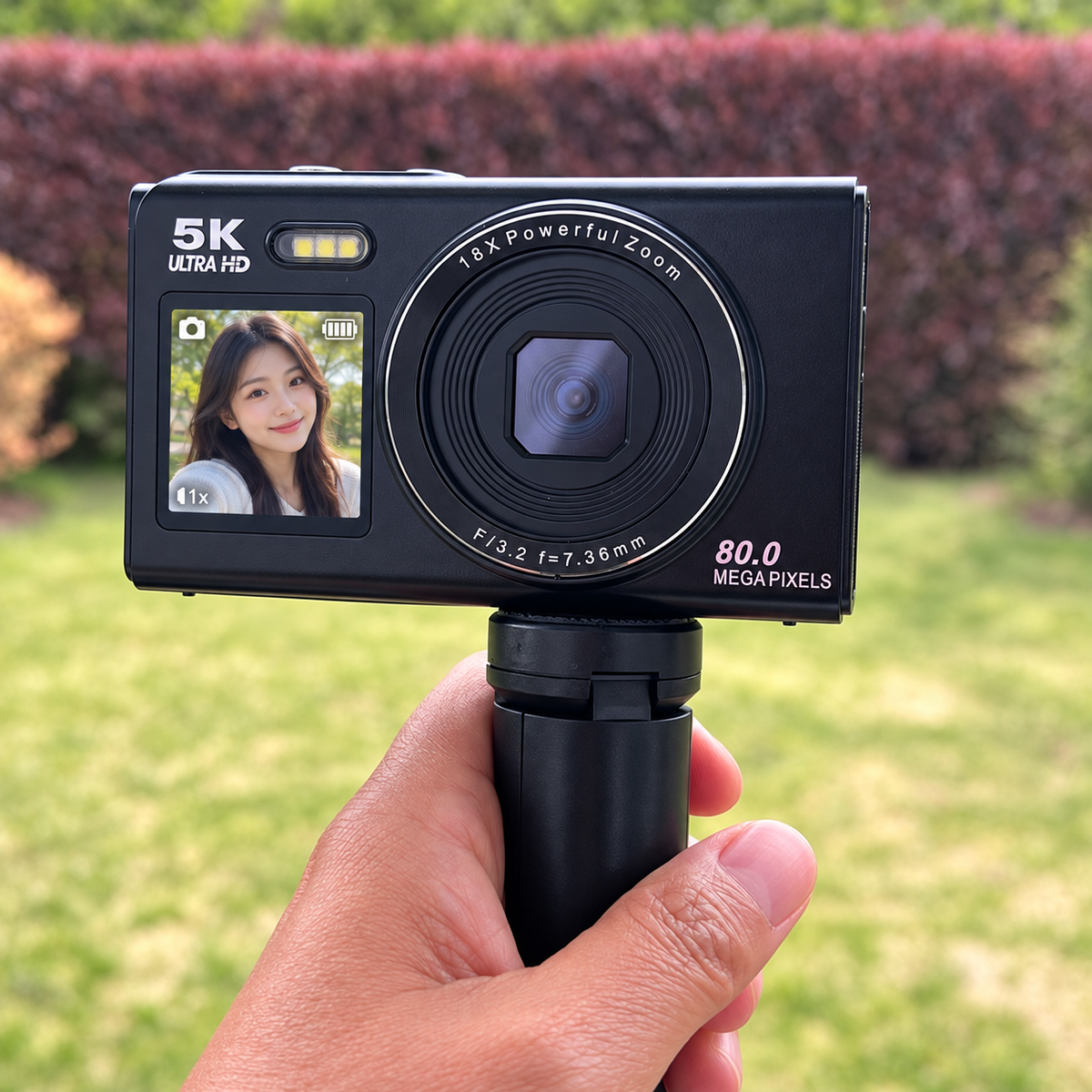 Cámara Digital 5K Doble Pantalla para Selfies · Zoom 18x y WiFi · Incluye Trípode, 2 Baterías y MicroSD 32 GB