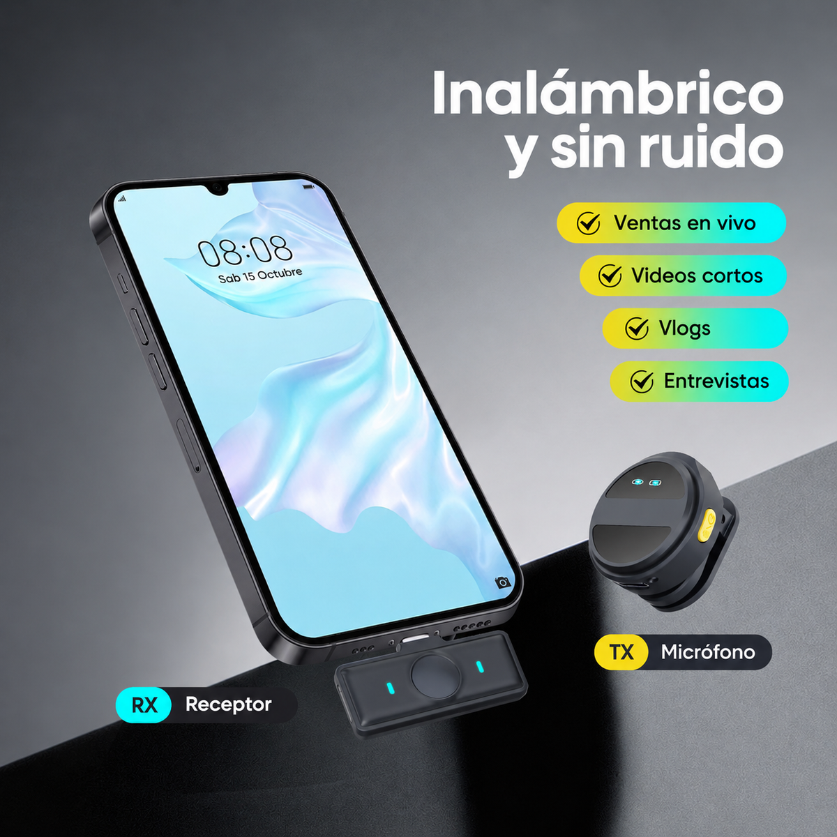 Micrófono de Solapa Inalámbrico Doble con Estuche de Carga y Reducción de Ruido
