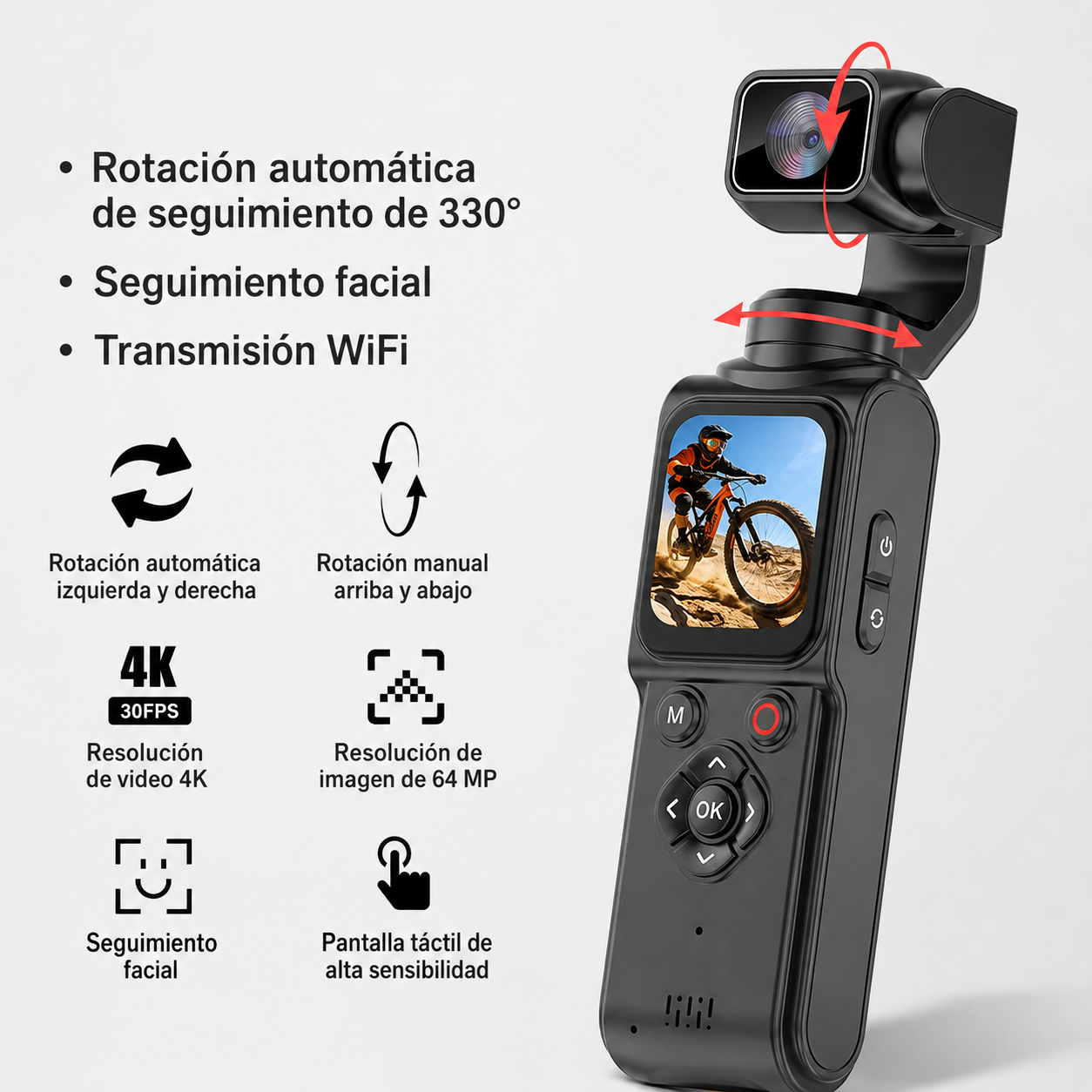 Cámara Tipo Pocket 4K 75MP Con Seguimiento Facial con Gimbal 3 Ejes para Vlog Contenido