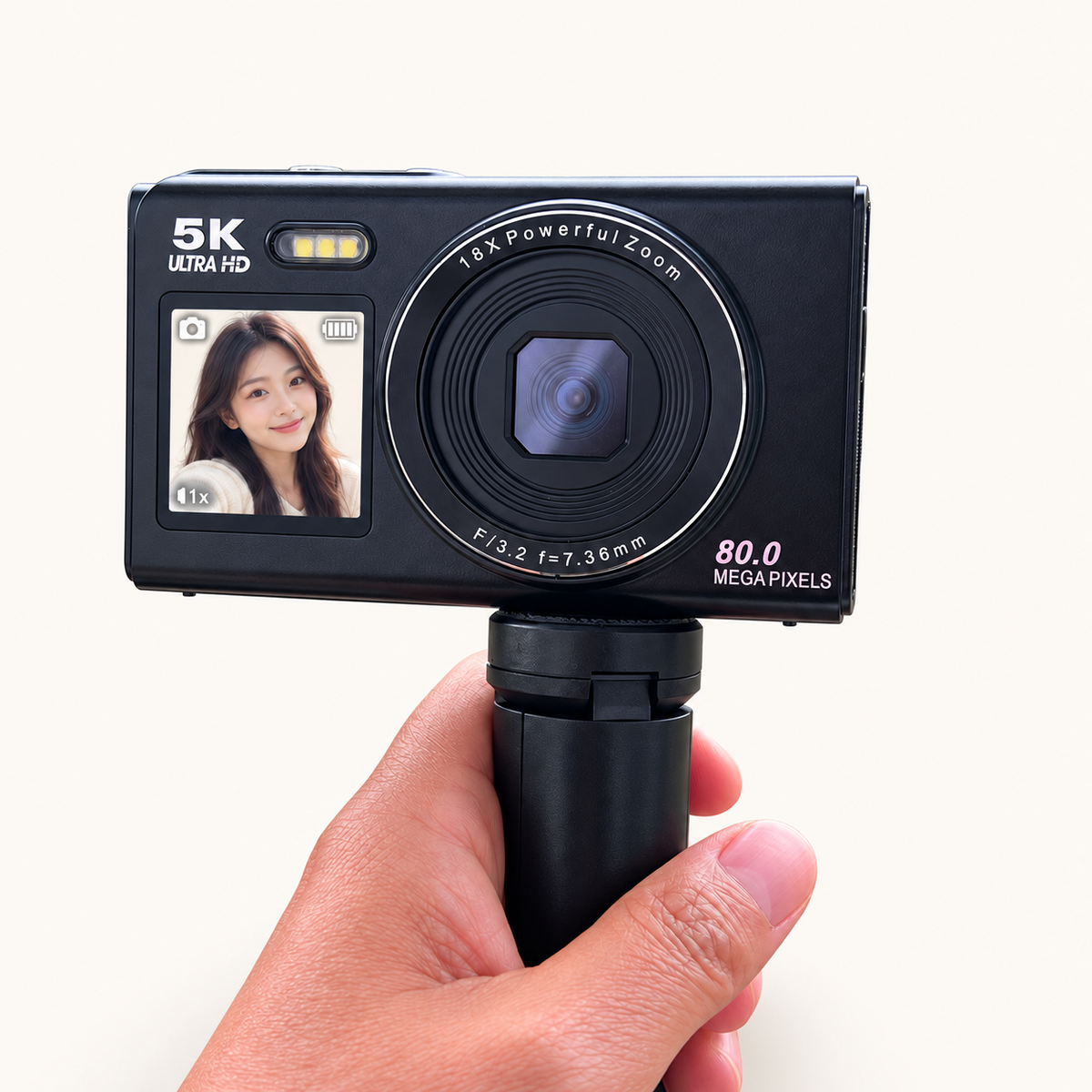 Cámara Digital 5K Doble Pantalla para Selfies · Zoom 18x y WiFi · Incluye Trípode, 2 Baterías y MicroSD 32 GB