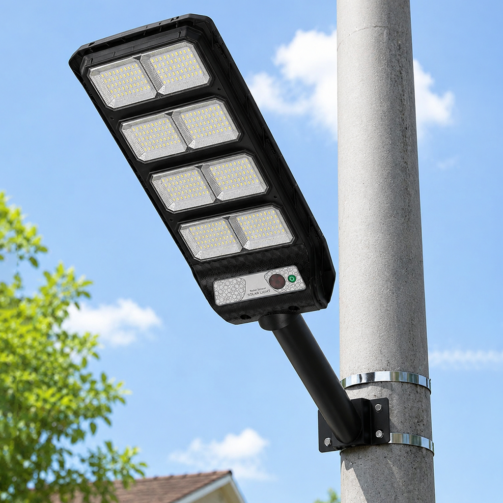 Foco Solar LED 2000W Tipo Poste Exterior con Sensor de Movimiento, Control Remoto IP67