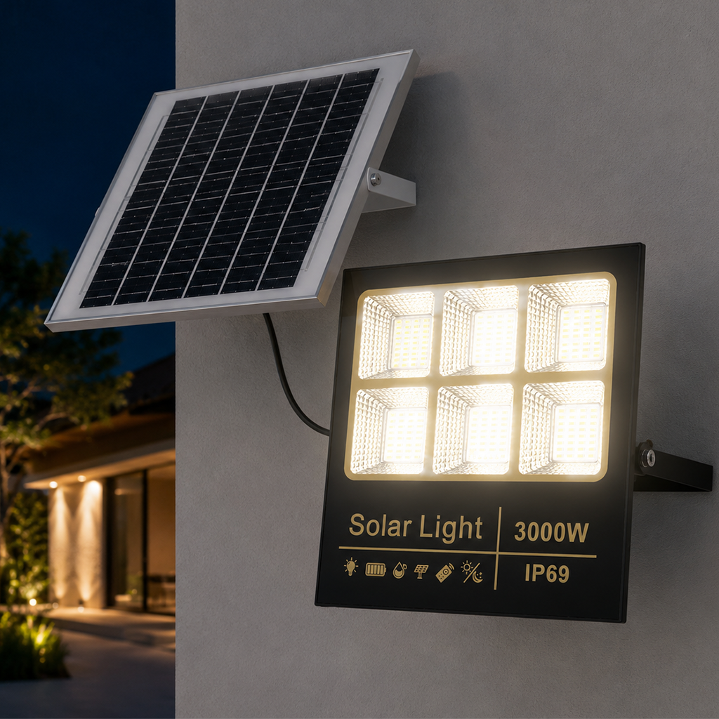 Foco Solar LED Exterior 3000W IP69 con Panel Solar y Control Remoto — Luz Blanca 6500K