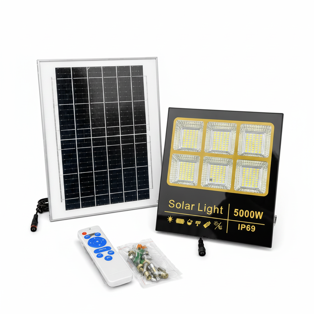 Foco Solar LED Exterior 5000W IP69 con Panel Solar Independiente y Control Remoto — Luz Blanca 6500K
