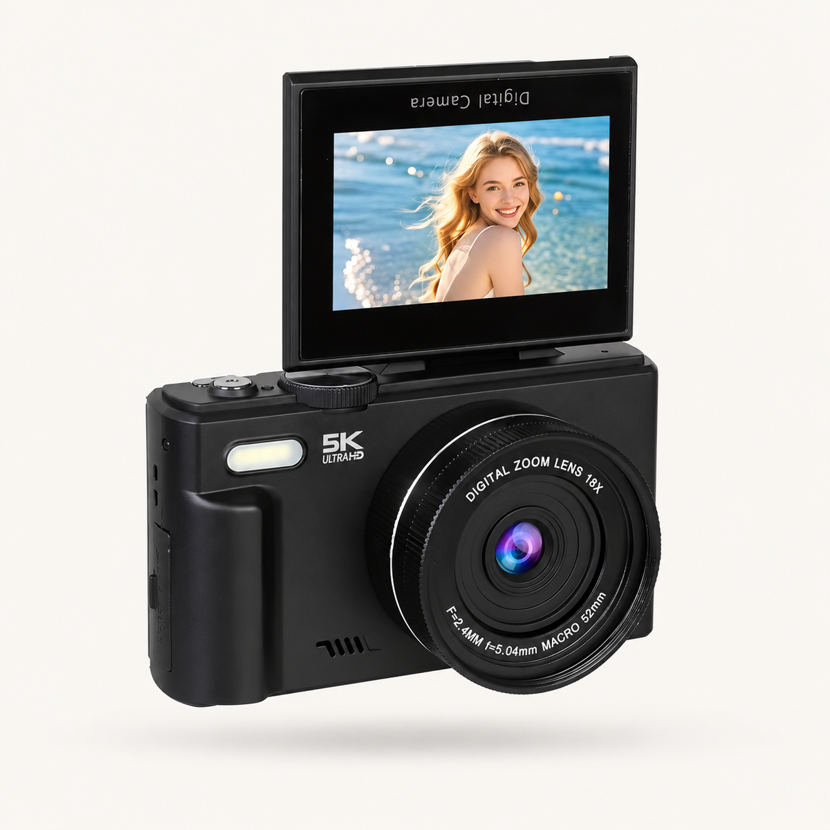 Cámara Digital 5K con Pantalla Abatible · Zoom 18x y WiFi · Incluye 2 Baterías y MicroSD 32 GB