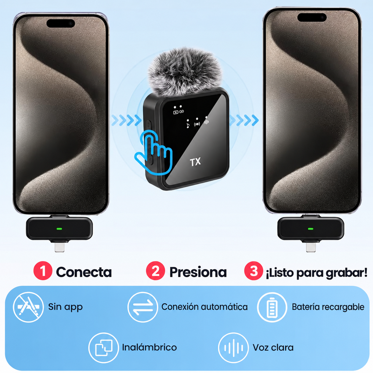 Pack 2 Micrófonos de Solapa Inalámbricos · iPhone, Tipo C y Jack 3,5 mm