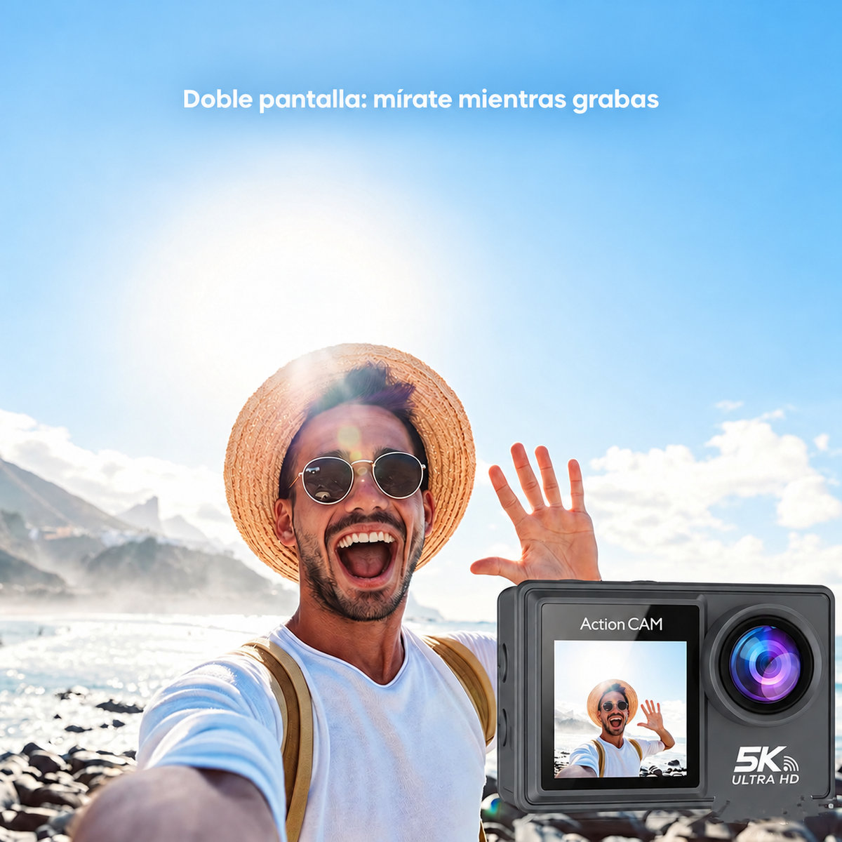 Cámara de Acción 5K Doble Pantalla · Sumergible 30 m · Incluye Micrófono Inalámbrico, Control Remoto y MicroSD 32 GB