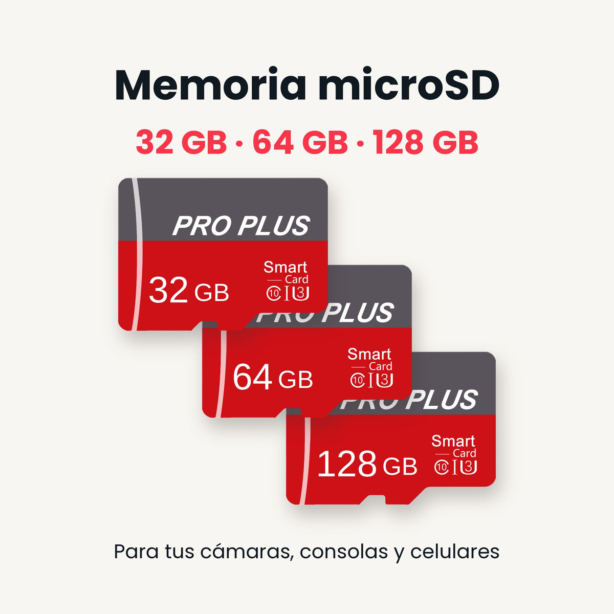 Memoria microSD Clase 10 · 32, 64 y 128 GB