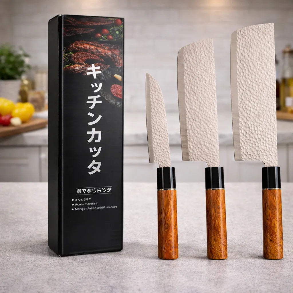 Set 3 Cuchillos Chef Acero Inoxidable Santoku y Multiuso