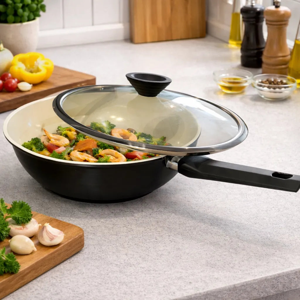 Sartén Wok 30 cm Antiadherente con Tapa Doble Fondo